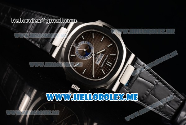Patek Philippe Nautilus Annual Calendar Miyota 9015 Automatic Steel Case with Brown Dial Black Leather Strap and Stick Markers - Click Image to Close